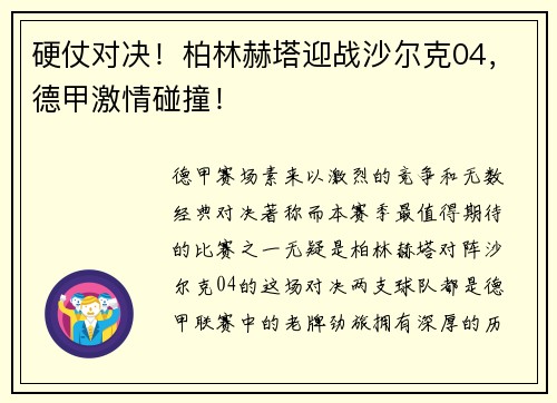 硬仗对决！柏林赫塔迎战沙尔克04，德甲激情碰撞！