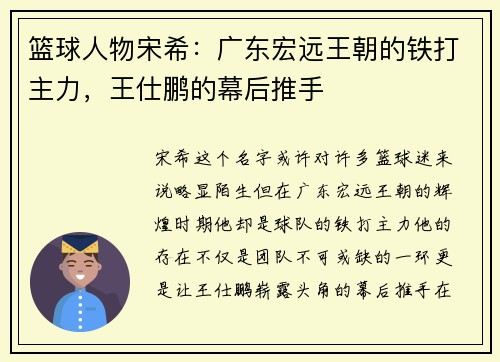 篮球人物宋希：广东宏远王朝的铁打主力，王仕鹏的幕后推手