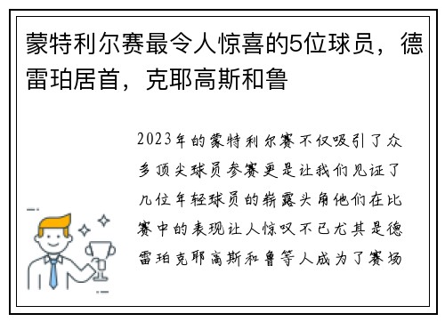 蒙特利尔赛最令人惊喜的5位球员，德雷珀居首，克耶高斯和鲁