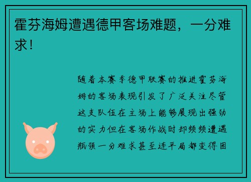 霍芬海姆遭遇德甲客场难题，一分难求！