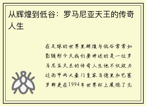 从辉煌到低谷：罗马尼亚天王的传奇人生