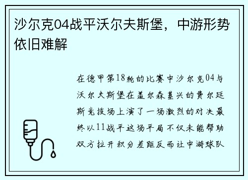 沙尔克04战平沃尔夫斯堡，中游形势依旧难解