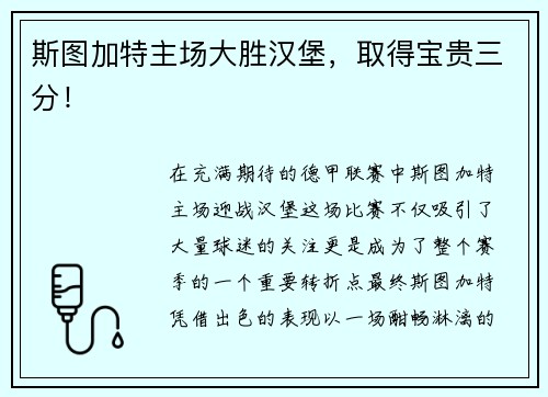 斯图加特主场大胜汉堡，取得宝贵三分！