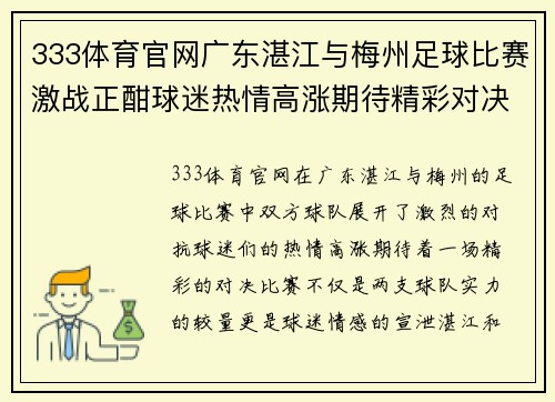 333体育官网广东湛江与梅州足球比赛激战正酣球迷热情高涨期待精彩对决