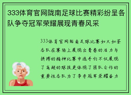 333体育官网陇南足球比赛精彩纷呈各队争夺冠军荣耀展现青春风采